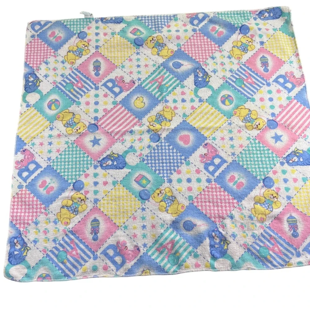 Vintage Riegel Baby Blanket Cotton Flannel Teddy Bear Pastel Patchwork 27x26